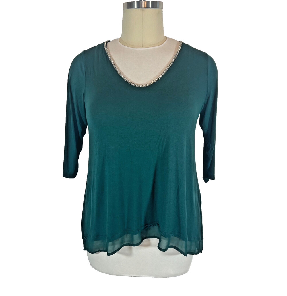 Rose + Olive Womens 1X Tunic Rhinestone Lined VNeck 3/4 Sleeve Chiffon Sharkbite